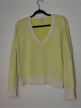 Evereve Ribbed V-Neck Striped Pullover Sweater Lime Green Cream Cotton Blend S